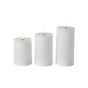 DACORE Bloklyss&aelig;t med 3D flamme og flad top &Oslash;7,5 cm - hvid - 3 stk - 