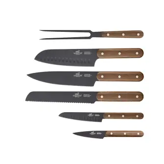 LION SABATIER Phenix knivsæt med 6 dele - sort / walnød - SABATIER