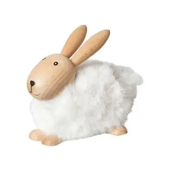 DACORE Træfigur kanin liggende med pels H10 cm - bøg/hvid - PYNT & FIGURER