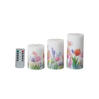 DACORE Bloklys med blomster m/3D flamme incl. fjernbetjening Ø7,5 - LED LYS
