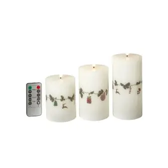 DACORE Bloklys m/3D flamme incl. fjernbetjening 3 stk Ø7,5 cm - gran guirlande - LED LYS