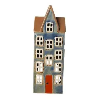 DET GAMLE APOTEK Keramikhus til fyrfadslys, høj - blå - LYSESTAGER