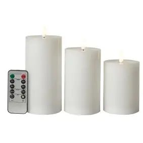 CONZEPT Bloklys m/3D flamme genopladelige incl. fjernbetjening i hvid 3 stk - Ø7,5cm - 