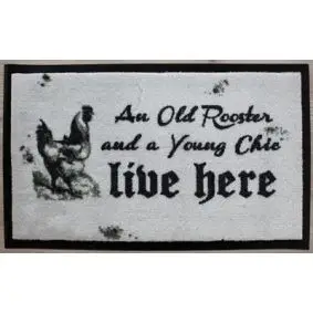 Dørmåtte 45 x 75 cm skridsikker - "an old rooster and a young chick live her" - 