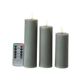 CONZEPT Bloklys m/3D flamme incl. fjernbetjening i mørk grøn 3 stk.- Ø 5 cm - 
