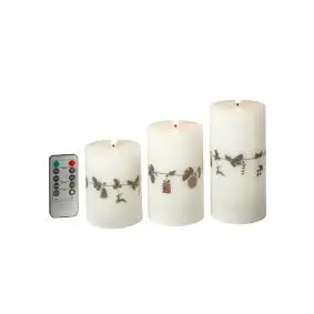 DACORE Bloklys m/3D flamme incl. fjernbetjening 3 stk Ø7,5 cm - gran guirlande - 