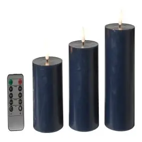 DACORE Bloklys m/3D flamme incl. fjernbetjening i navy 3 stk.- Ø 5 cm - 