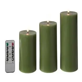 DACORE Bloklys m/3D flamme incl. fjernbetjening i oliven 3 stk.- Ø 5 cm -