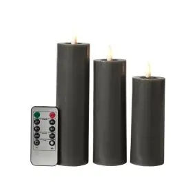 DACORE Bloklys m/3D flamme incl. fjernbetjening i koksgrå 3 stk - Ø 5 cm - 