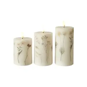 DACORE Bloklys m/3D flamme incl. fjernbetjening 3 stk Ø7,5 cm - blomst med stilke -