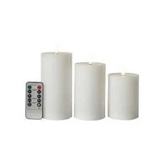 CONZEPT Bloklyssæt m/3D flamme Ø7,5 cm incl. fjernbetjening i hvid - 3 stk. - LYS & LYSKÆDER
