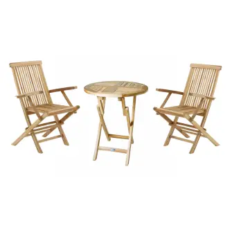 TEAK Mondena cafesæt - bord Ø66cm m/ 2 stole med armlæn - HAVEMØBELSÆT