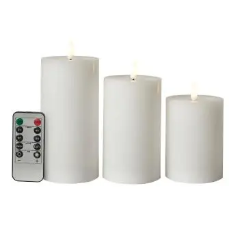 CONZEPT Bloklys m/3D flamme genopladelige incl. fjernbetjening i hvid 3 stk - Ø7,5cm - LYS & LYSKÆDER