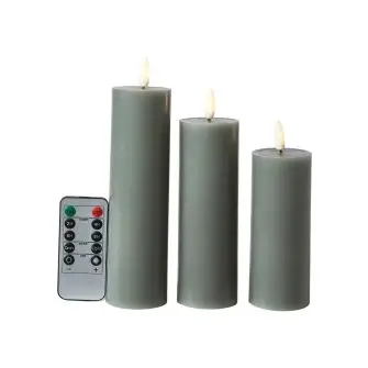 CONZEPT Bloklys m/3D flamme incl. fjernbetjening i mørk grøn 3 stk.- Ø 5 cm - LYS & LYSKÆDER