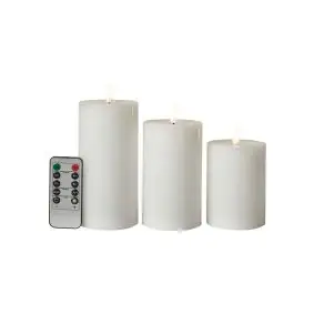 CONZEPT Bloklyssæt m/3D flamme Ø7,5 cm incl. fjernbetjening i hvid - 3 stk. - 