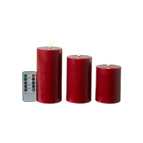 DACORE Bloklys m/3D flamme Ø7,5 cm incl. fjernbetjening i rød - 3 stk - 
