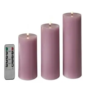 DACORE Bloklys m/3D flamme incl. fjernbetjening i violet 3 stk - Ø 5 cm - 